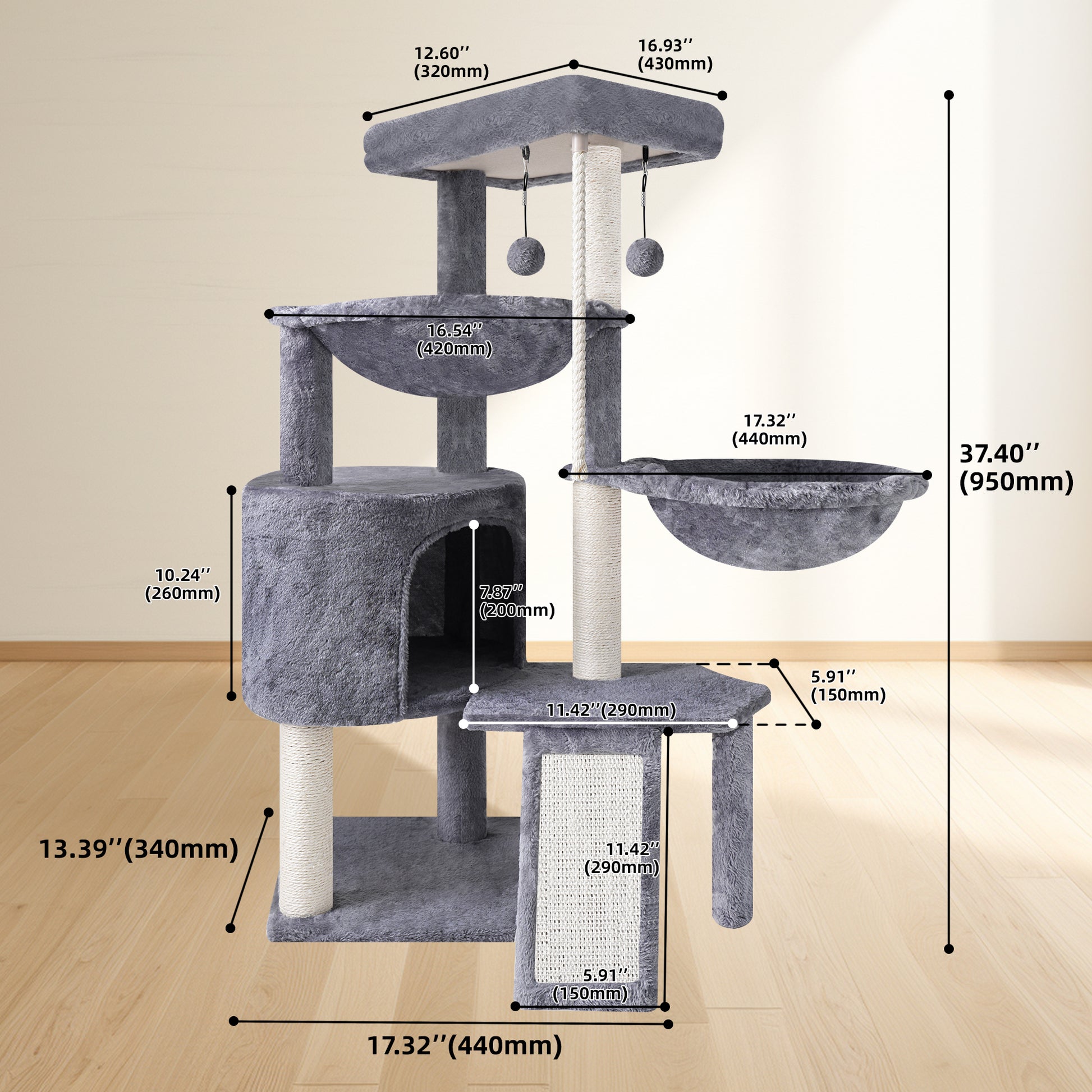 37.4'' Cat Tree Cat Tower with Scratching Posts, Activity Centre Climbing Tree Cat Furniture with Cat Condo and Two Hammocks, Grey