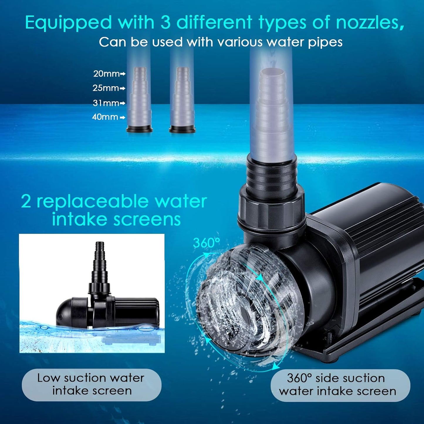 800-3200GPH Controllable Water Pump,Circulation Make Wave/Feed Mode/20 Options Flow Adjustable Multifunction Submersible or External Powerful Return Pump for Saltwater & Freshwater Fish Tank